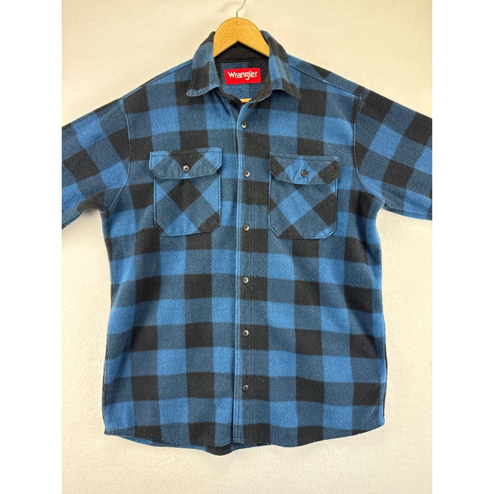 Wrangler Fleece Flannel Shirt Mens Medium Blue Black Buffalo Plaid Button‎ Up